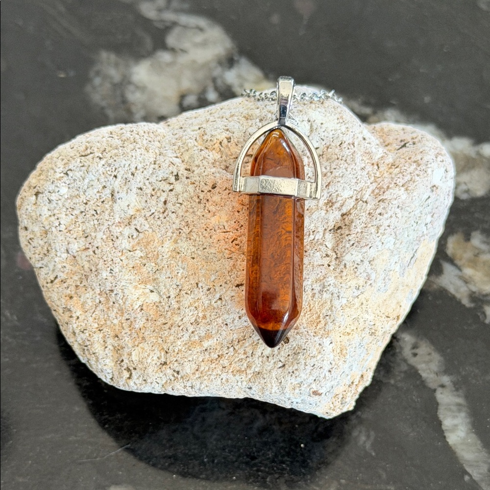 Amber Brown Resin Crystal Point Pendant Necklace